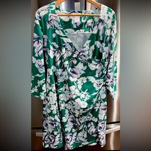 Soft Surroundings V-neck Wrap DRESS 1X Green WHITE Floral Long Sleeve Midi 58518